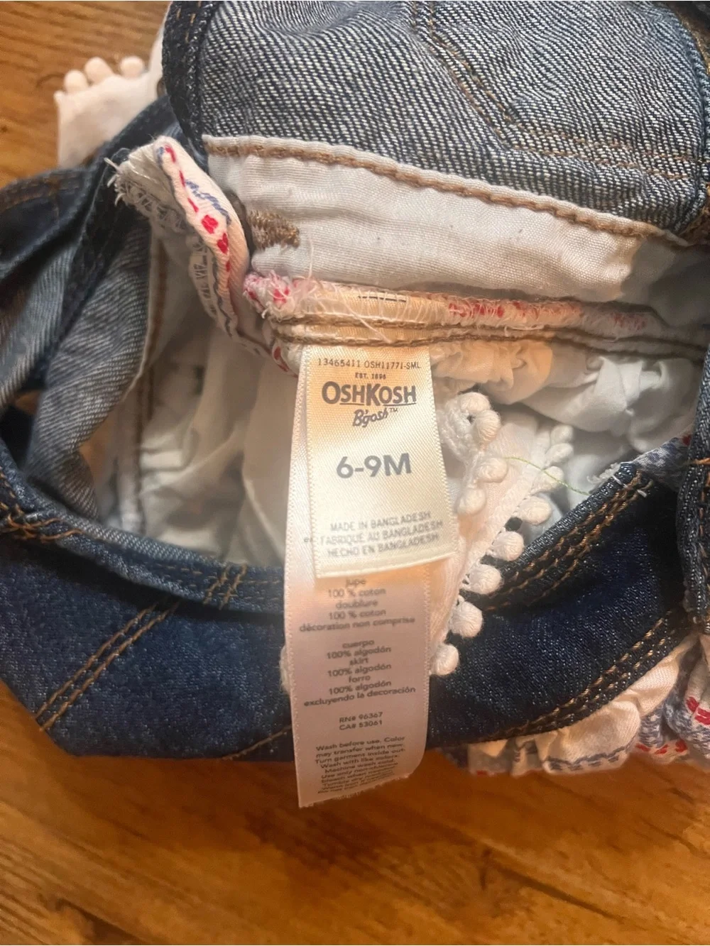 OshKosh B'gosh Denim Overall Dress with White & Red-Blue Striped Skirt